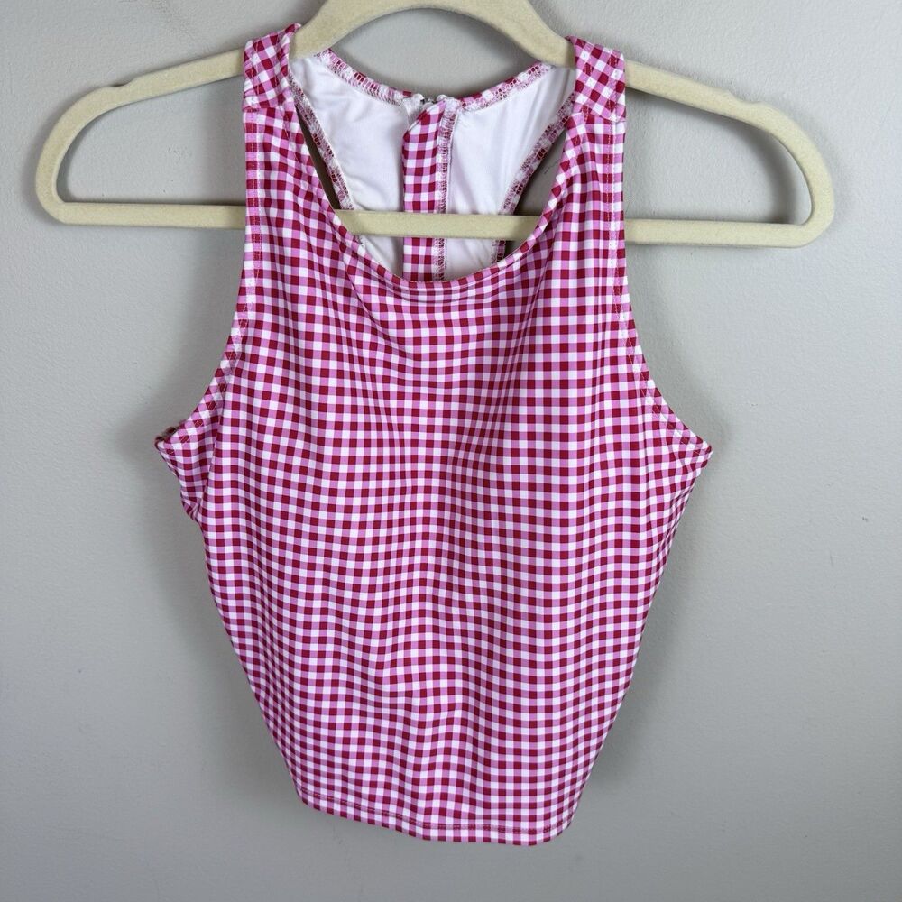 Pink Desert Midkini Swim Top Pink Plaid Womens Small High Neck Racerback Zipper